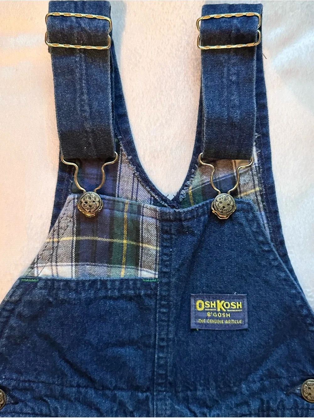 Vintage 90s OshKosh B'Gosh Denim & Plaid Bib Vestbak Overalls Kids 6 Jumper USA